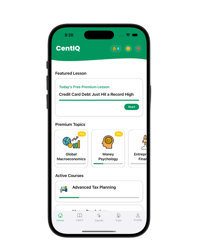 CentIQ app mockup showing gamified money lessons